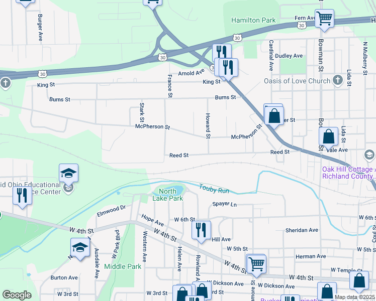 map of restaurants, bars, coffee shops, grocery stores, and more near 569 McPherson Street in Mansfield