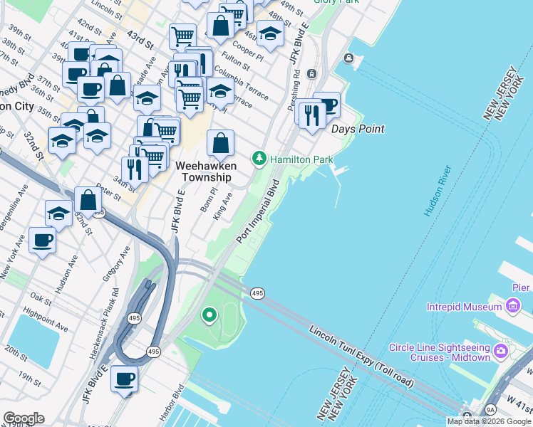 map of restaurants, bars, coffee shops, grocery stores, and more near in Weehawken
