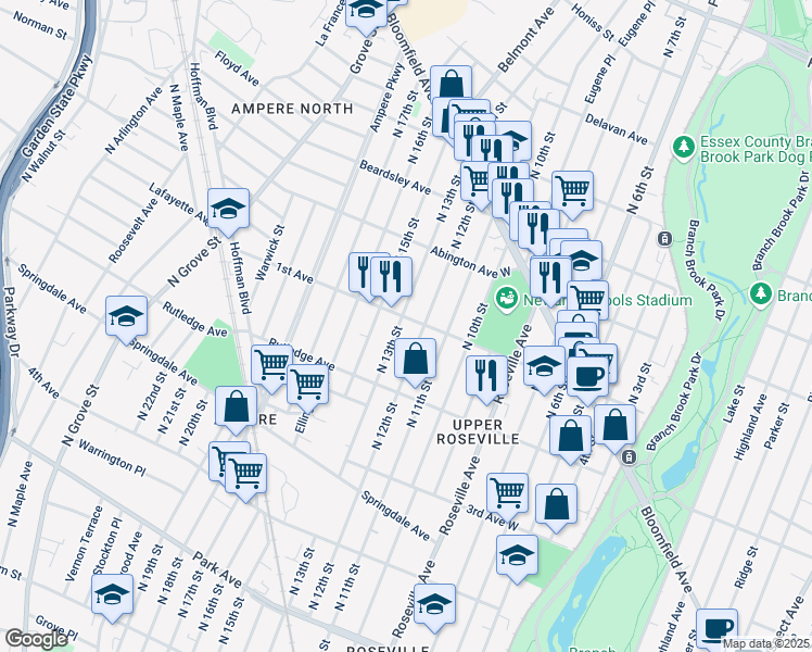 map of restaurants, bars, coffee shops, grocery stores, and more near 411 North 13th Street in Newark
