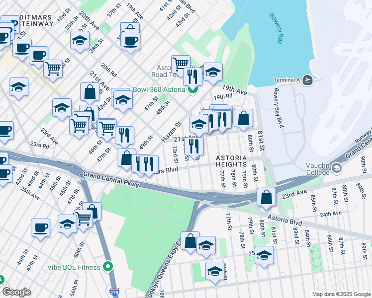 map of restaurants, bars, coffee shops, grocery stores, and more near 21-19 74th Street in Queens