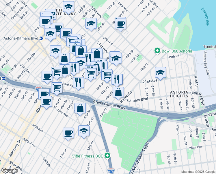 map of restaurants, bars, coffee shops, grocery stores, and more near in Queens