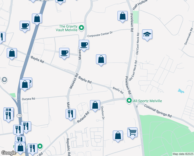 map of restaurants, bars, coffee shops, grocery stores, and more near 125 Baylis Road in Melville