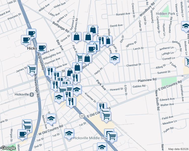 map of restaurants, bars, coffee shops, grocery stores, and more near 139 Park Avenue in Hicksville