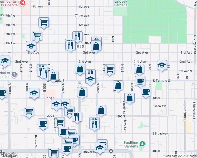 map of restaurants, bars, coffee shops, grocery stores, and more near 777 East South Temple in Salt Lake City