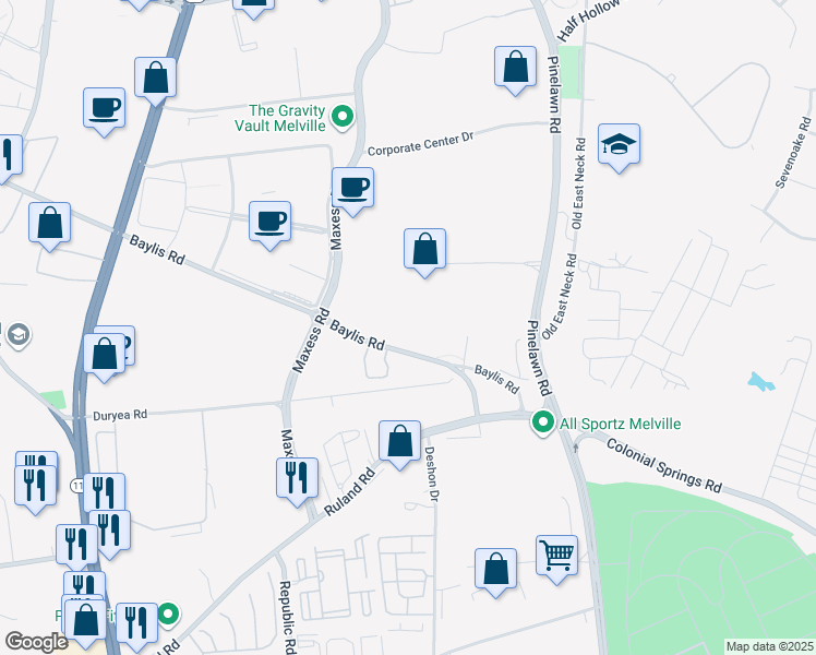 map of restaurants, bars, coffee shops, grocery stores, and more near 125 Baylis Road in Melville