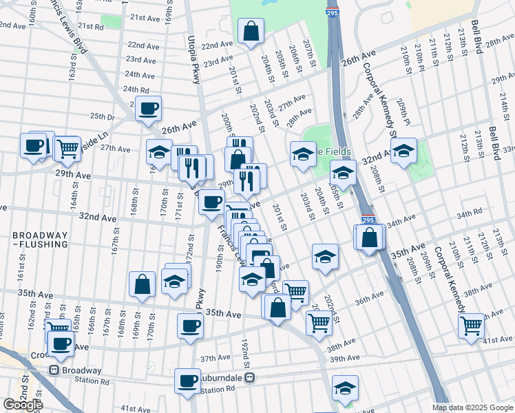 map of restaurants, bars, coffee shops, grocery stores, and more near 2938 200th Street in Queens