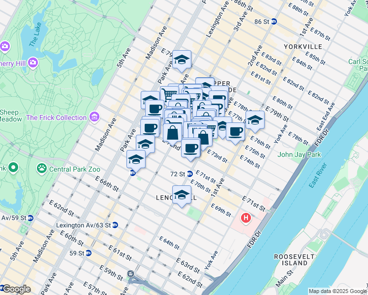 map of restaurants, bars, coffee shops, grocery stores, and more near 221 East 72nd Street in New York