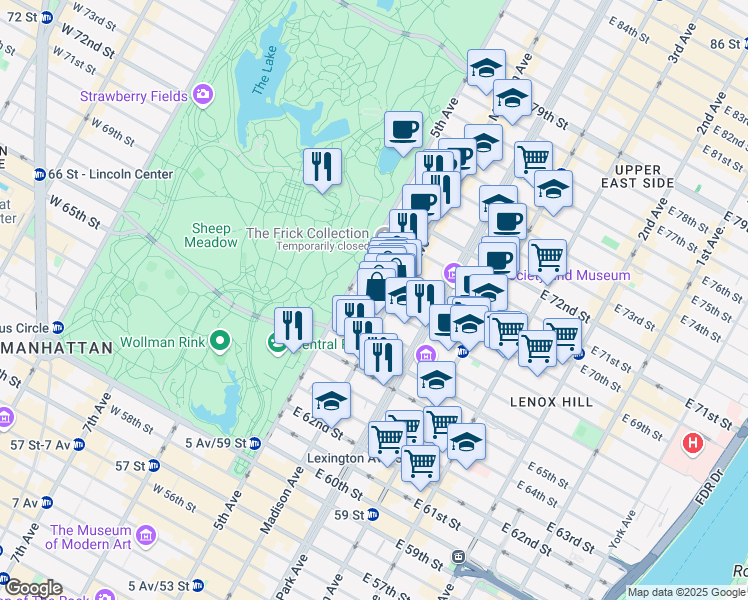 map of restaurants, bars, coffee shops, grocery stores, and more near 9 East 68th Street in New York
