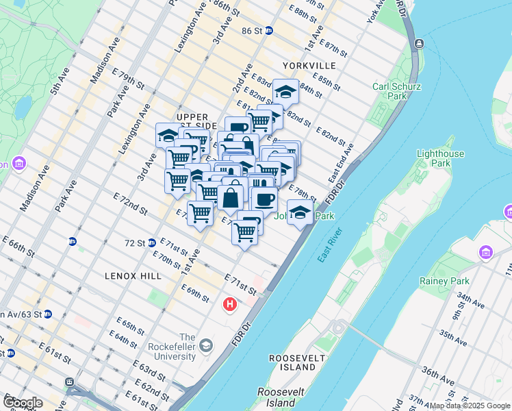 map of restaurants, bars, coffee shops, grocery stores, and more near 436 East 76th Street in New York
