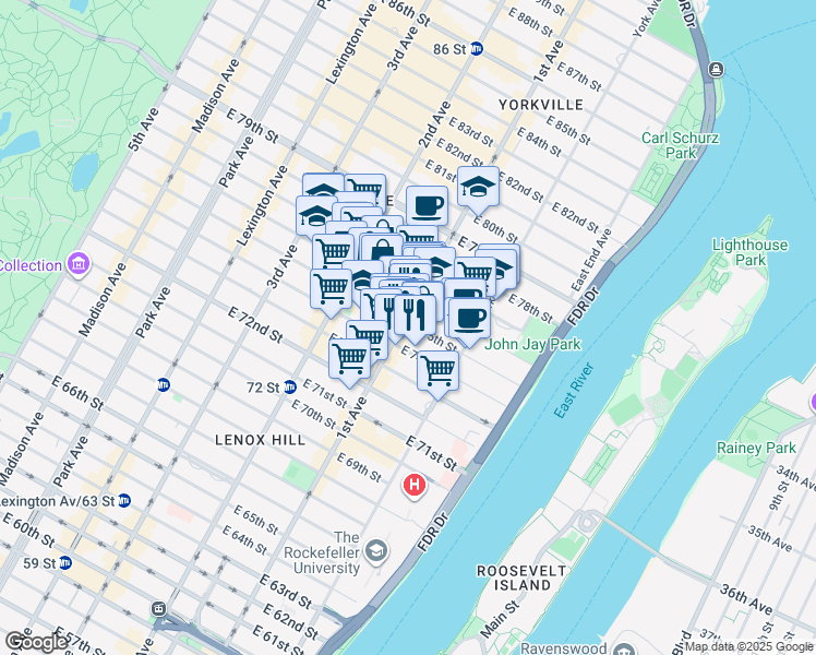 map of restaurants, bars, coffee shops, grocery stores, and more near 1445 1st Avenue in New York