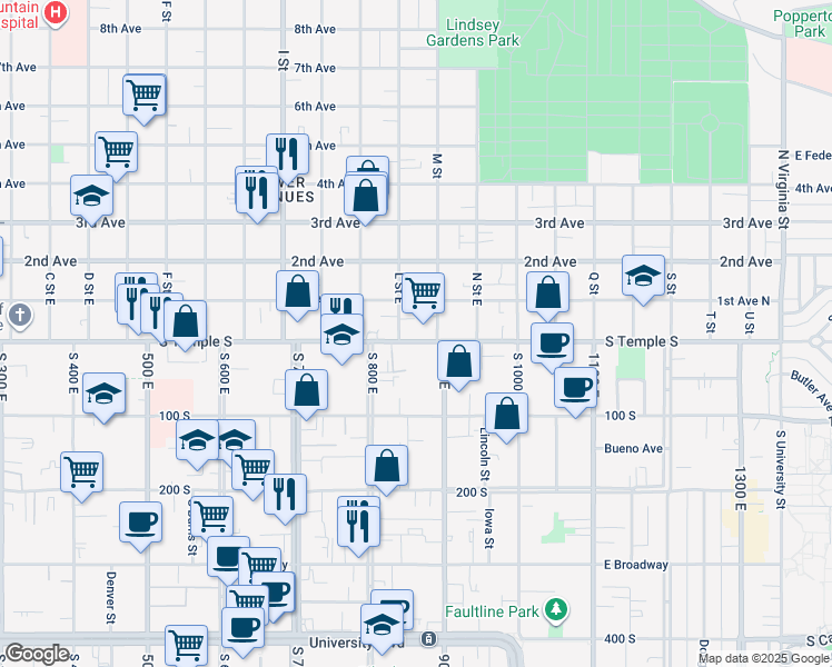 map of restaurants, bars, coffee shops, grocery stores, and more near 839 East South Temple Street in Salt Lake City