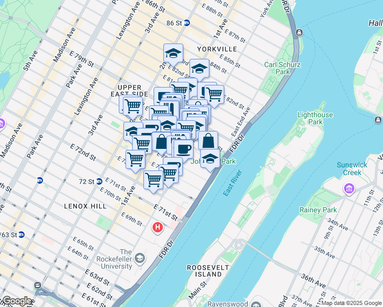 map of restaurants, bars, coffee shops, grocery stores, and more near 1440 York Avenue in New York