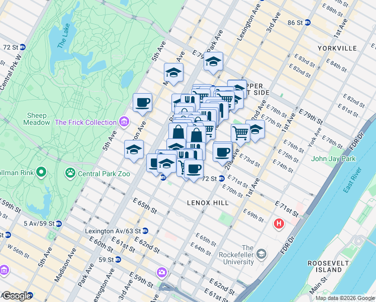 map of restaurants, bars, coffee shops, grocery stores, and more near 169 East 71st Street in New York