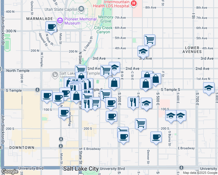 map of restaurants, bars, coffee shops, grocery stores, and more near 19 A Street East in Salt Lake City