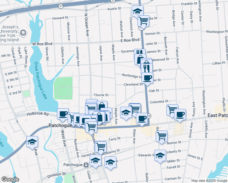 map of restaurants, bars, coffee shops, grocery stores, and more near 96 Maple Avenue in Patchogue