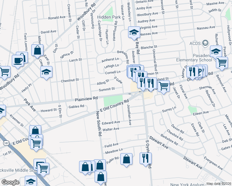 map of restaurants, bars, coffee shops, grocery stores, and more near 62 Summit Street in Hicksville