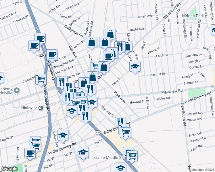 map of restaurants, bars, coffee shops, grocery stores, and more near 149 Park Avenue in Hicksville