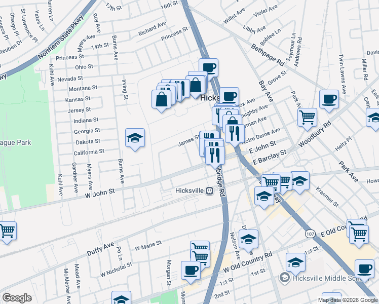 map of restaurants, bars, coffee shops, grocery stores, and more near 54 Wyckoff Street in Hicksville