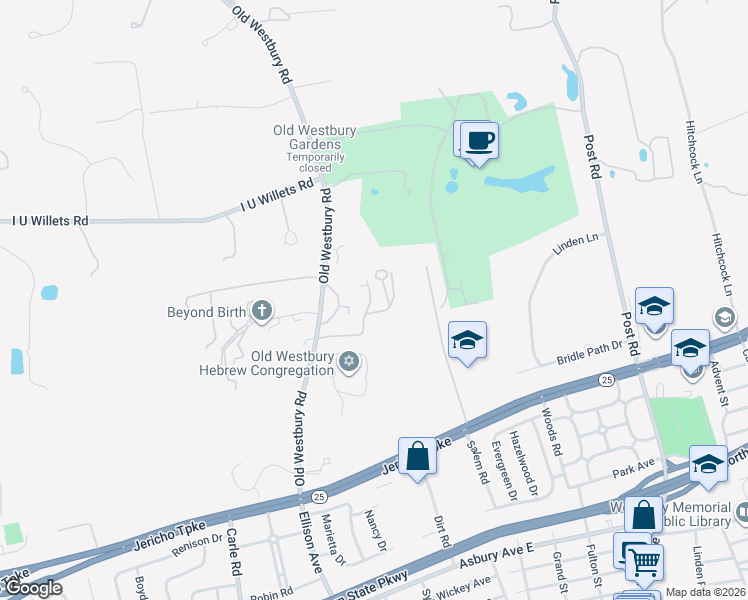 map of restaurants, bars, coffee shops, grocery stores, and more near 23 Old Westbury Road in Old Westbury