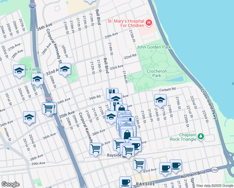 map of restaurants, bars, coffee shops, grocery stores, and more near 213-53 34th Road in Queens