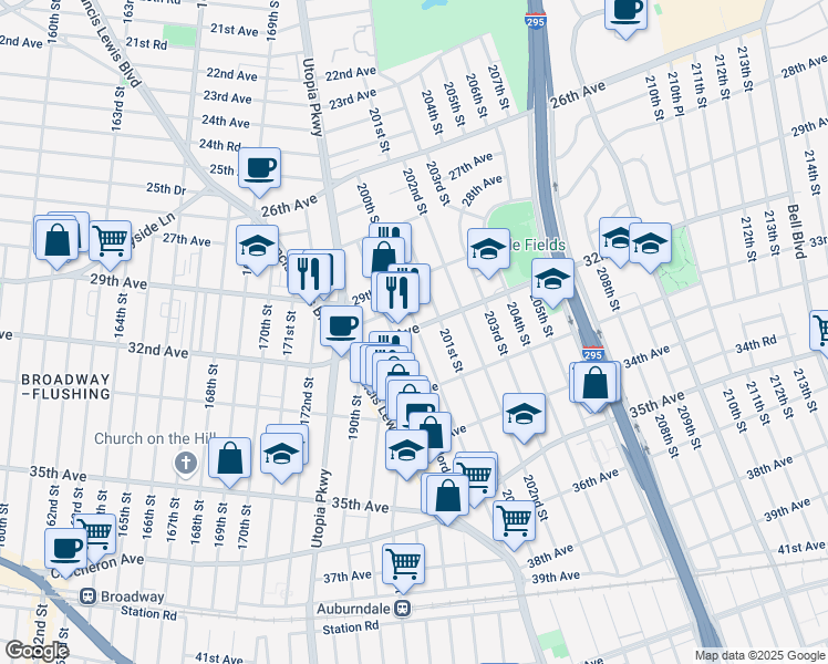map of restaurants, bars, coffee shops, grocery stores, and more near 2938 200th Street in Queens
