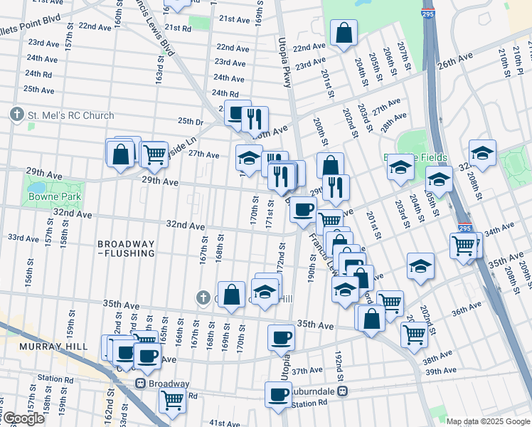 map of restaurants, bars, coffee shops, grocery stores, and more near 29-17 171st Street in Queens