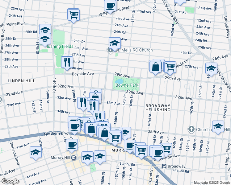 map of restaurants, bars, coffee shops, grocery stores, and more near 32-05 155th Street in Queens