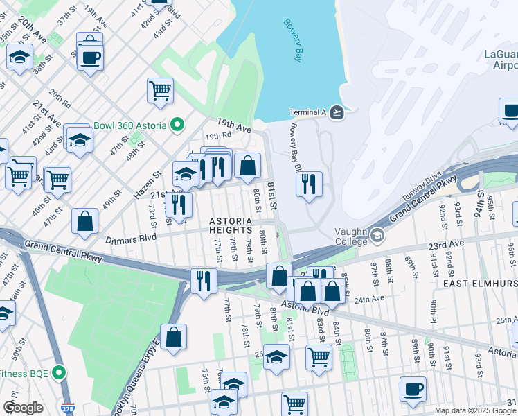 map of restaurants, bars, coffee shops, grocery stores, and more near 79-02 21st Avenue in Queens