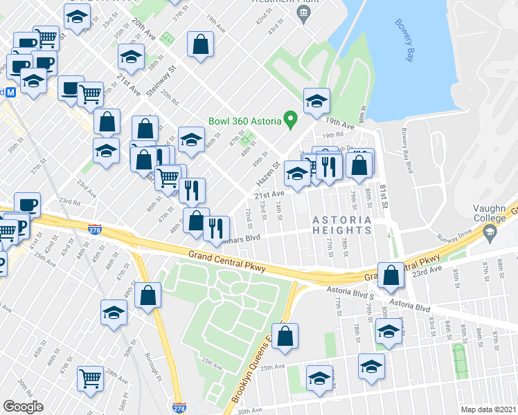 map of restaurants, bars, coffee shops, grocery stores, and more near 73-14 21st Avenue in Queens