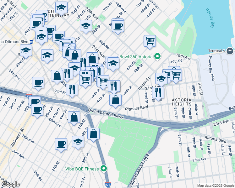 map of restaurants, bars, coffee shops, grocery stores, and more near 21-58 48th Street in Queens