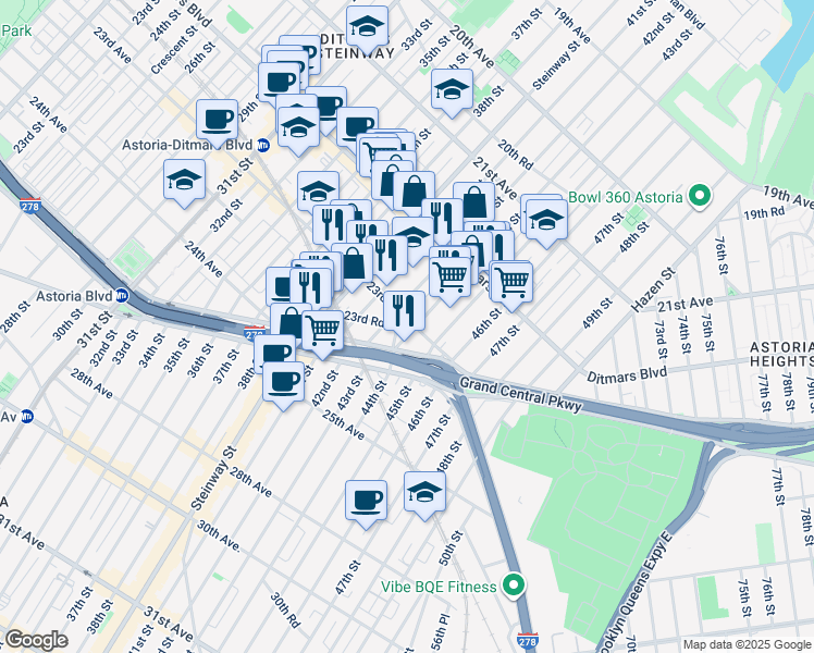 map of restaurants, bars, coffee shops, grocery stores, and more near 42-05 23rd Avenue in Queens