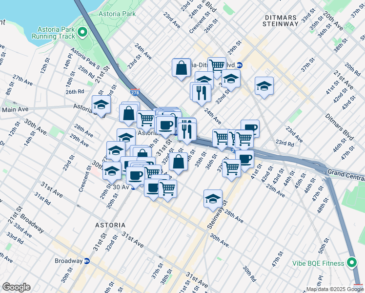 map of restaurants, bars, coffee shops, grocery stores, and more near in Queens