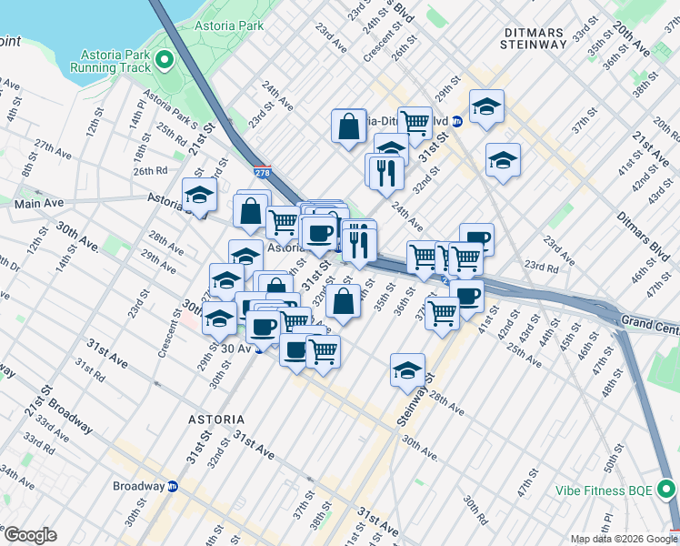 map of restaurants, bars, coffee shops, grocery stores, and more near in Queens