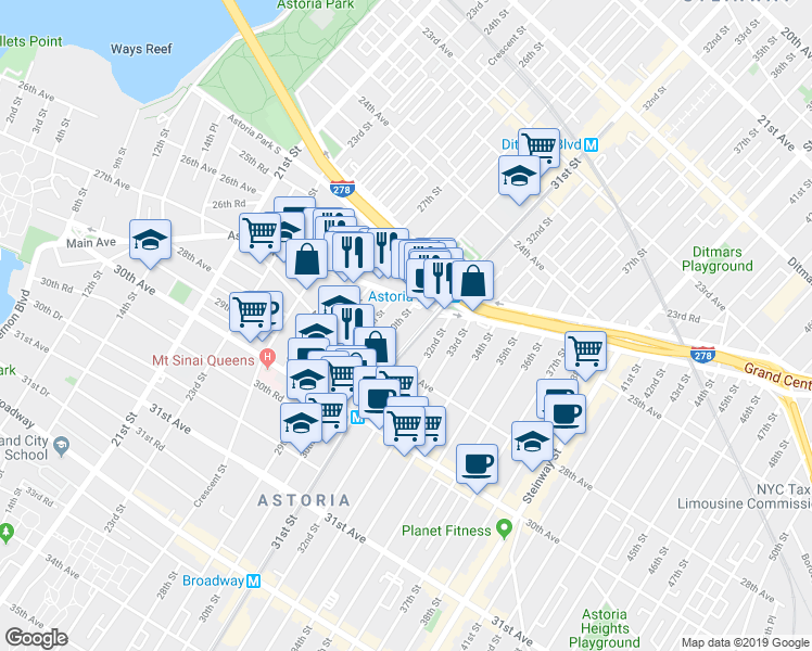 map of restaurants, bars, coffee shops, grocery stores, and more near in Queens
