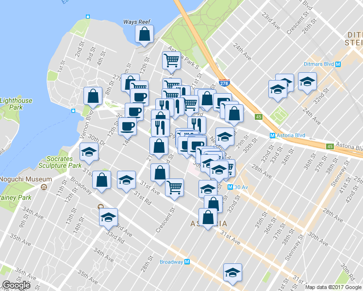 map of restaurants, bars, coffee shops, grocery stores, and more near 21-33 29th Avenue in Queens