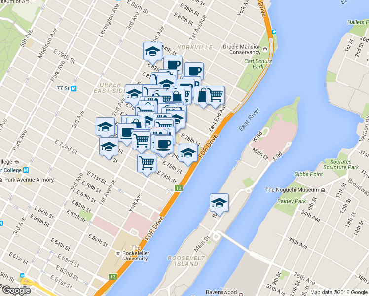 map of restaurants, bars, coffee shops, grocery stores, and more near 520 East 77th Street in New York
