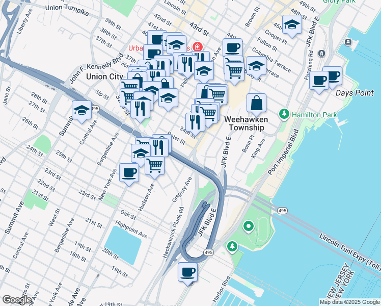 map of restaurants, bars, coffee shops, grocery stores, and more near 3343 Park Avenue in Union City