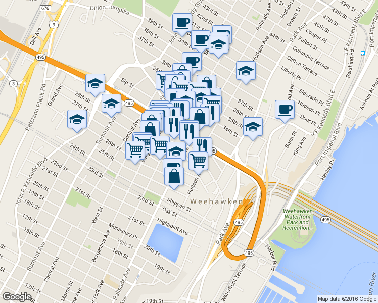 map of restaurants, bars, coffee shops, grocery stores, and more near 201 30th Street in Union City