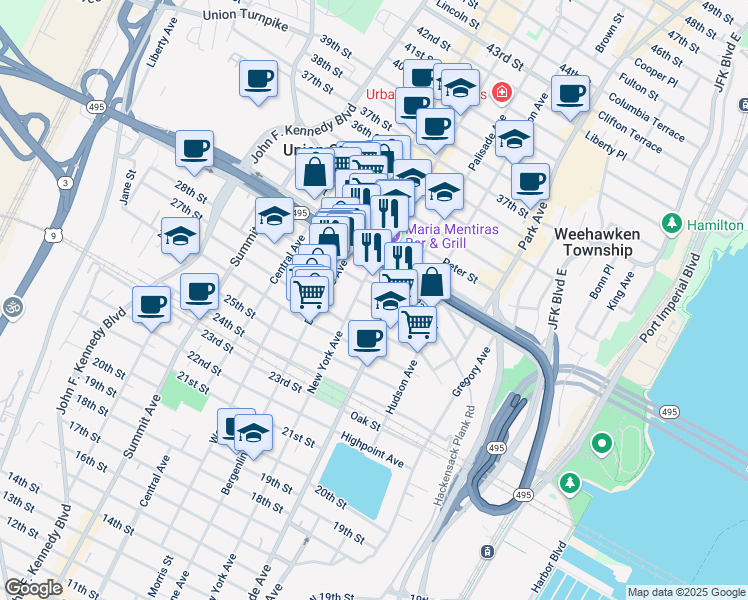 map of restaurants, bars, coffee shops, grocery stores, and more near 2812 New York Avenue in Union City