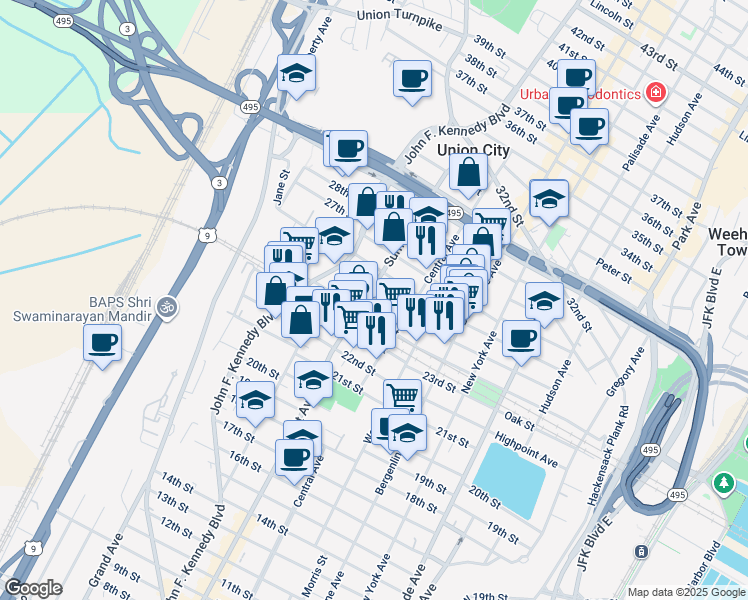 map of restaurants, bars, coffee shops, grocery stores, and more near 2500 Summit Avenue in Union City