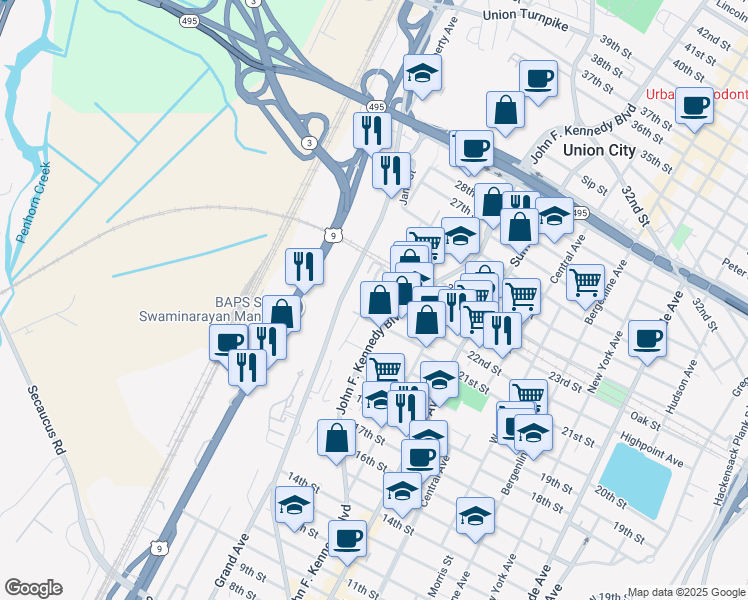 map of restaurants, bars, coffee shops, grocery stores, and more near 2201 Grand Avenue in North Bergen