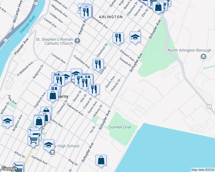 map of restaurants, bars, coffee shops, grocery stores, and more near 498 Forest Street in Kearny