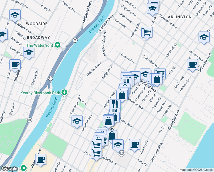 map of restaurants, bars, coffee shops, grocery stores, and more near 560 Belgrove Drive in Kearny