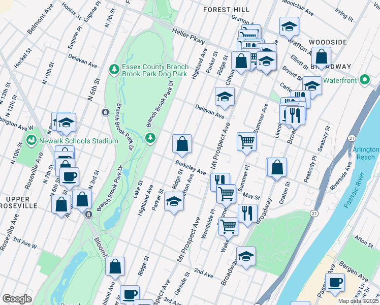 map of restaurants, bars, coffee shops, grocery stores, and more near 198-204 Ballantine Parkway in Newark