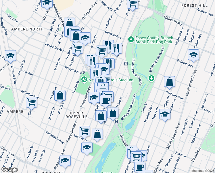 map of restaurants, bars, coffee shops, grocery stores, and more near 203 Abington Avenue in Newark