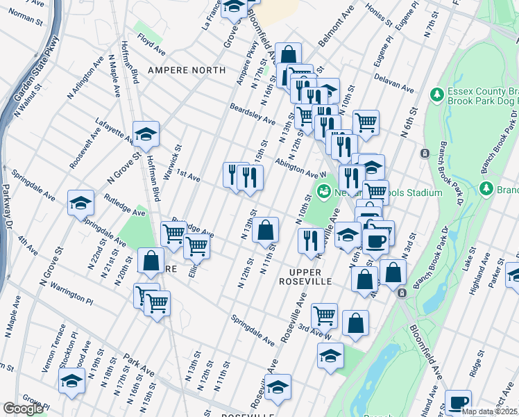 map of restaurants, bars, coffee shops, grocery stores, and more near 411 North 13th Street in Newark