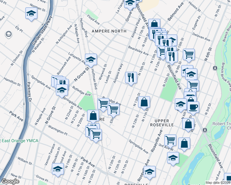 map of restaurants, bars, coffee shops, grocery stores, and more near 94 Newfield Street in East Orange