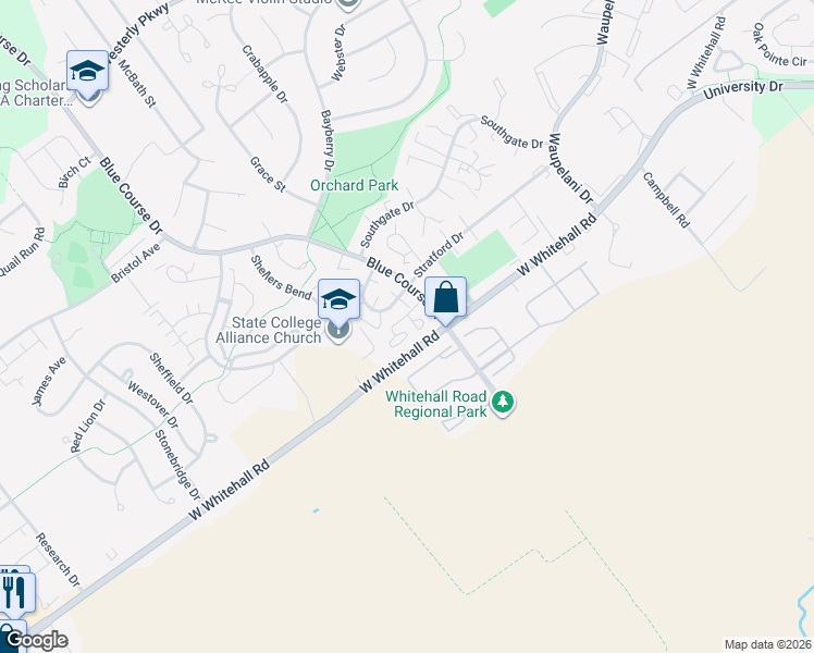 map of restaurants, bars, coffee shops, grocery stores, and more near 1736 Blue Course Drive in State College