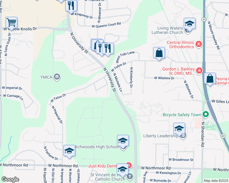 map of restaurants, bars, coffee shops, grocery stores, and more near 6821 North Michele Lane in Peoria