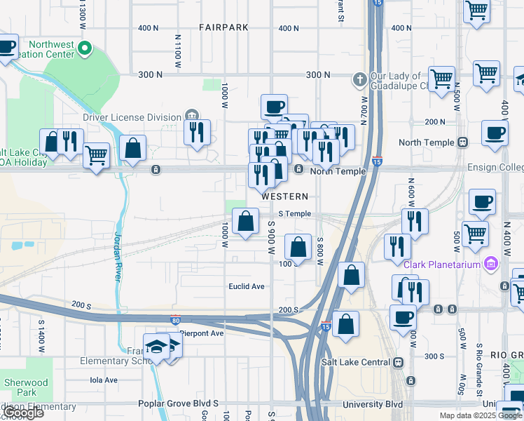 map of restaurants, bars, coffee shops, grocery stores, and more near 18 North Chicago Street in Salt Lake City